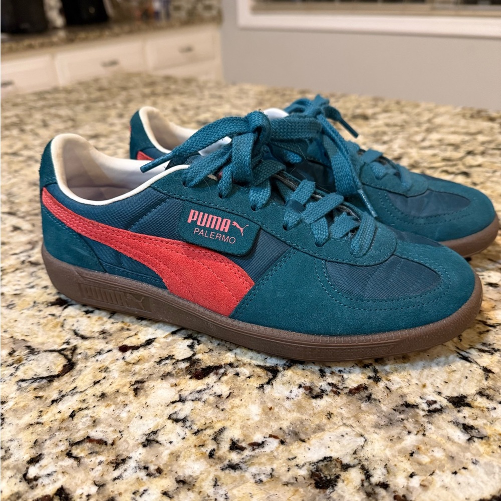 Puma Palermo Teal Suede Sneakers with Coral Stripe